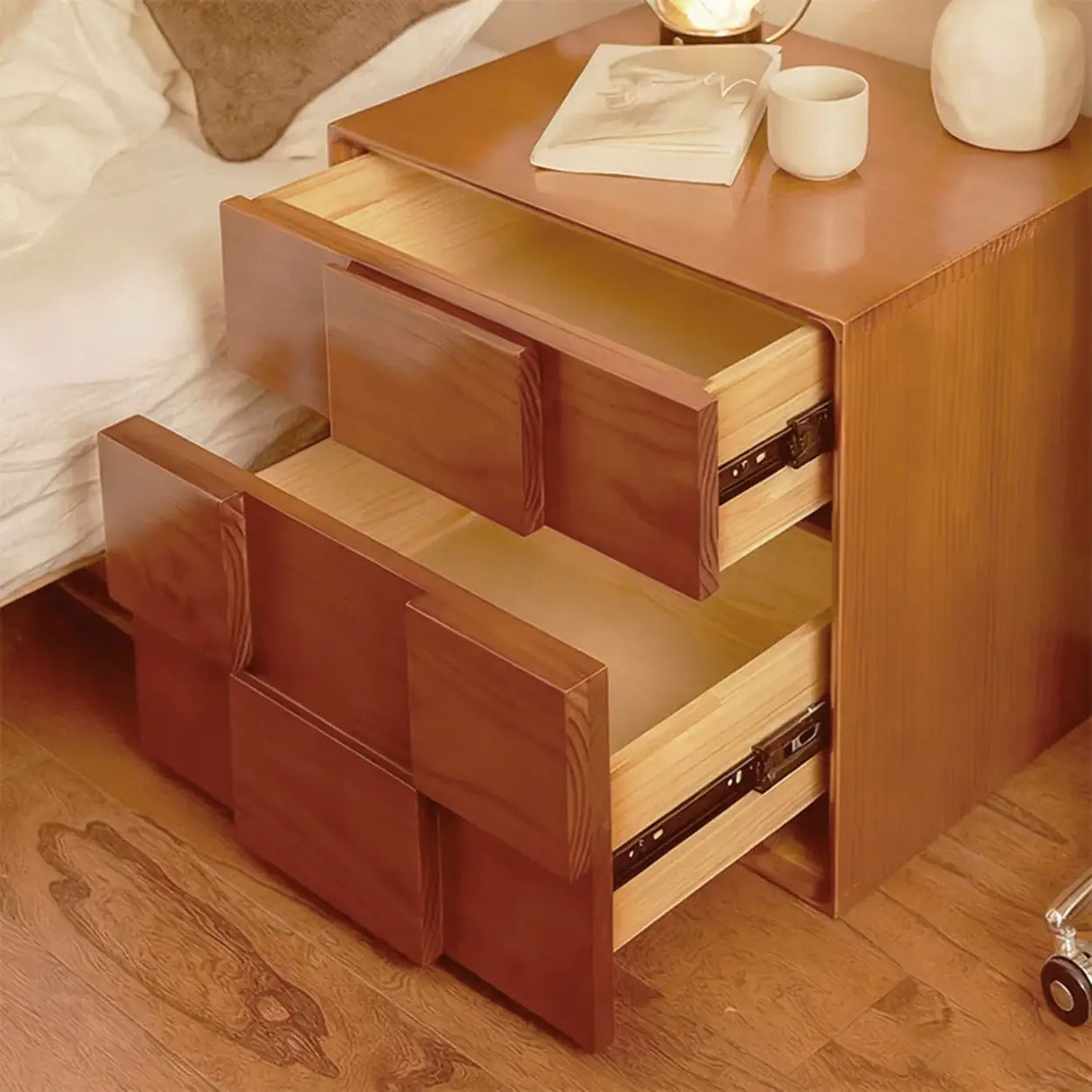 Mid-Century Modern Cube Wood Nightstand with 2 Drawers Image - 6
