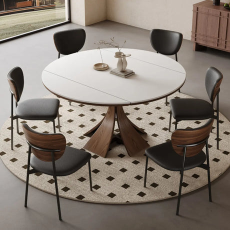 Mid-Century Modern Extendable Round White Stone Dining Table Image - 1