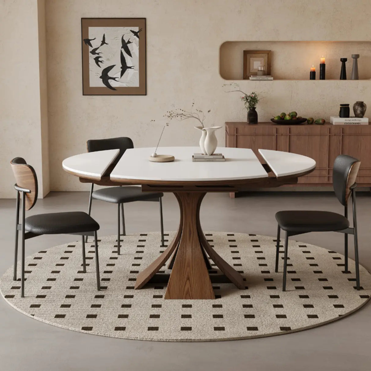 Mid-Century Modern Extendable Round White Stone Dining Table Image - 4