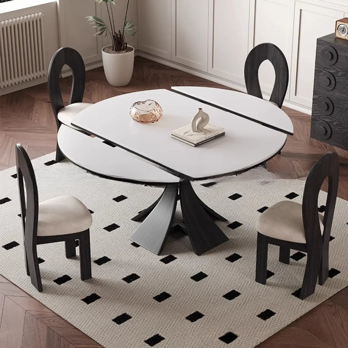 Mid-Century Modern Extendable White Stone Round Dining Table Image - 3