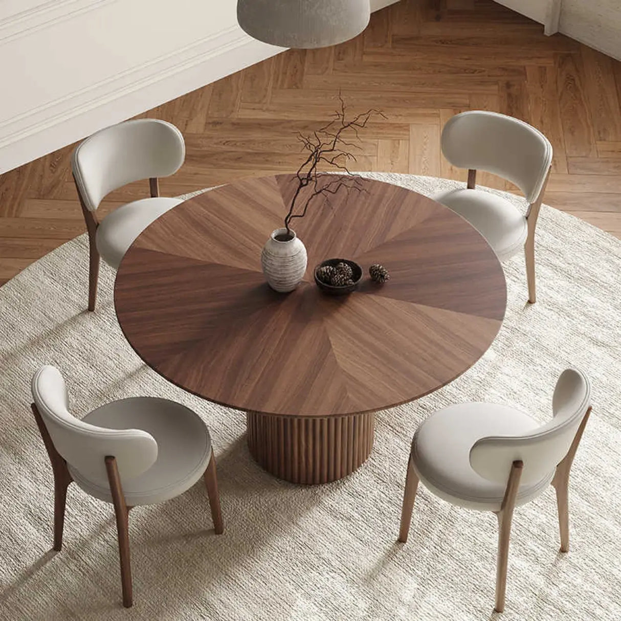 Mid-Century Modern Fluted Pedestal Round Wood Dining Table Image - 4