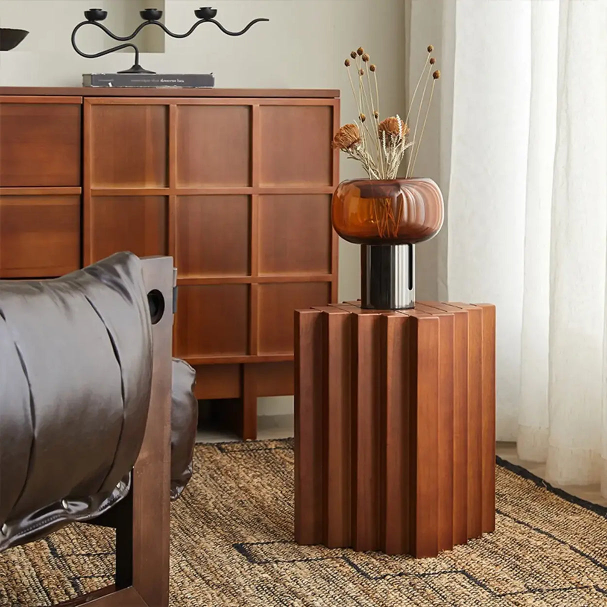 Mid-Century Modern Geometric Solid Rubber Wood Side Table Image - 1