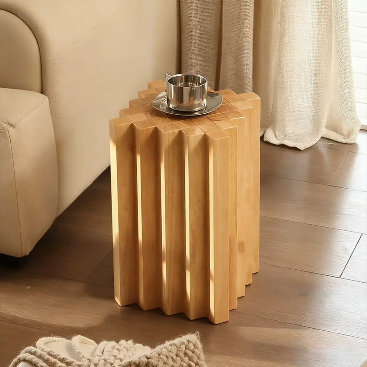 Mid-Century Modern Geometric Solid Rubber Wood Side Table Image - 12