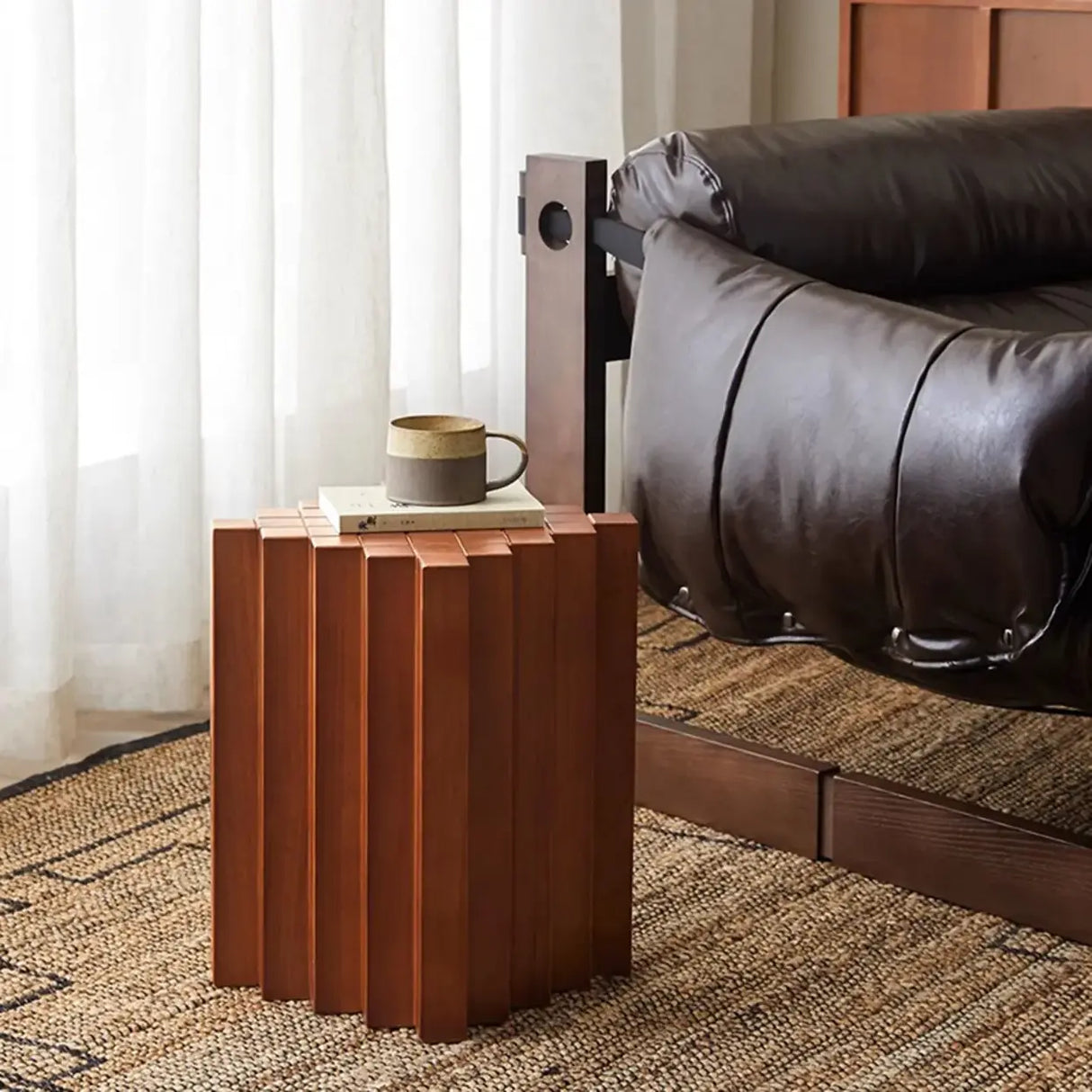 Mid-Century Modern Geometric Solid Rubber Wood Side Table Image - 4