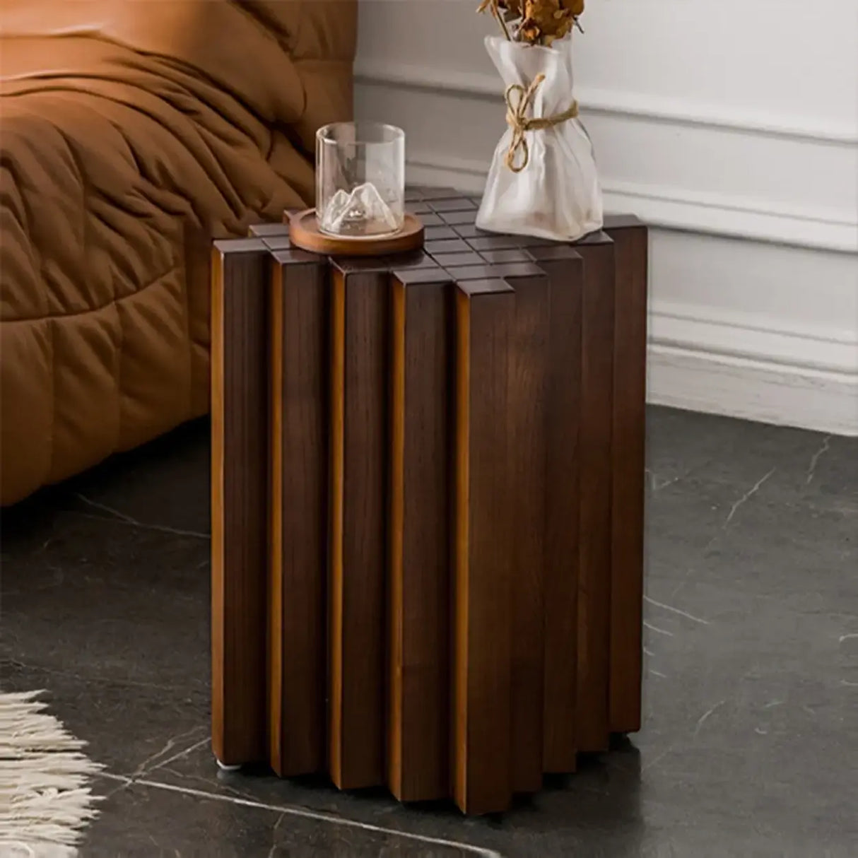 Mid-Century Modern Geometric Solid Rubber Wood Side Table Image - 5