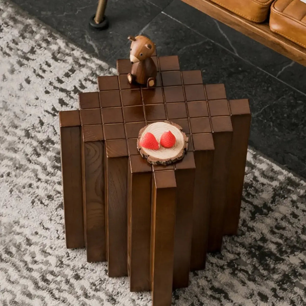 Mid-Century Modern Geometric Solid Rubber Wood Side Table Image - 6