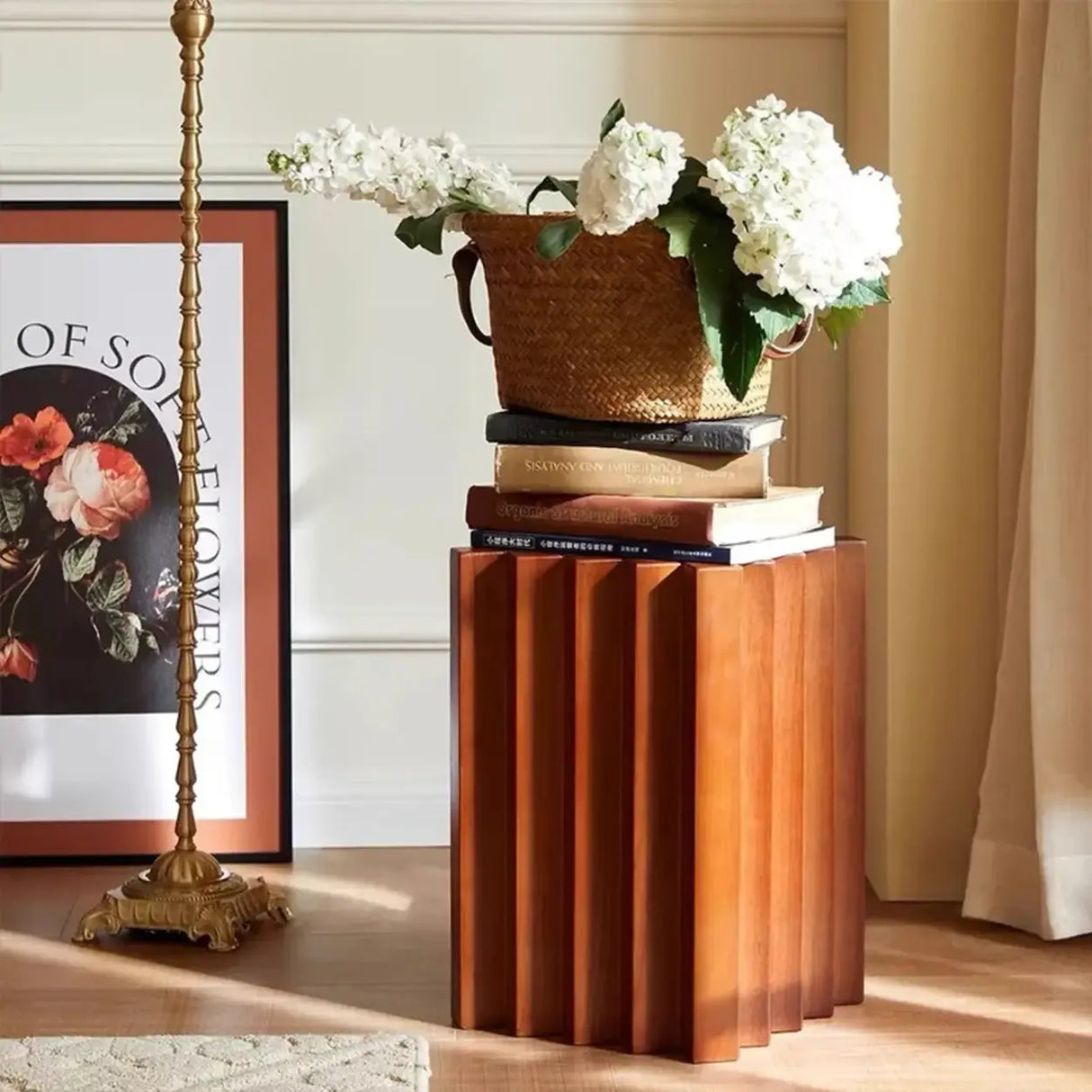 Mid-Century Modern Geometric Solid Rubber Wood Side Table Image - 7