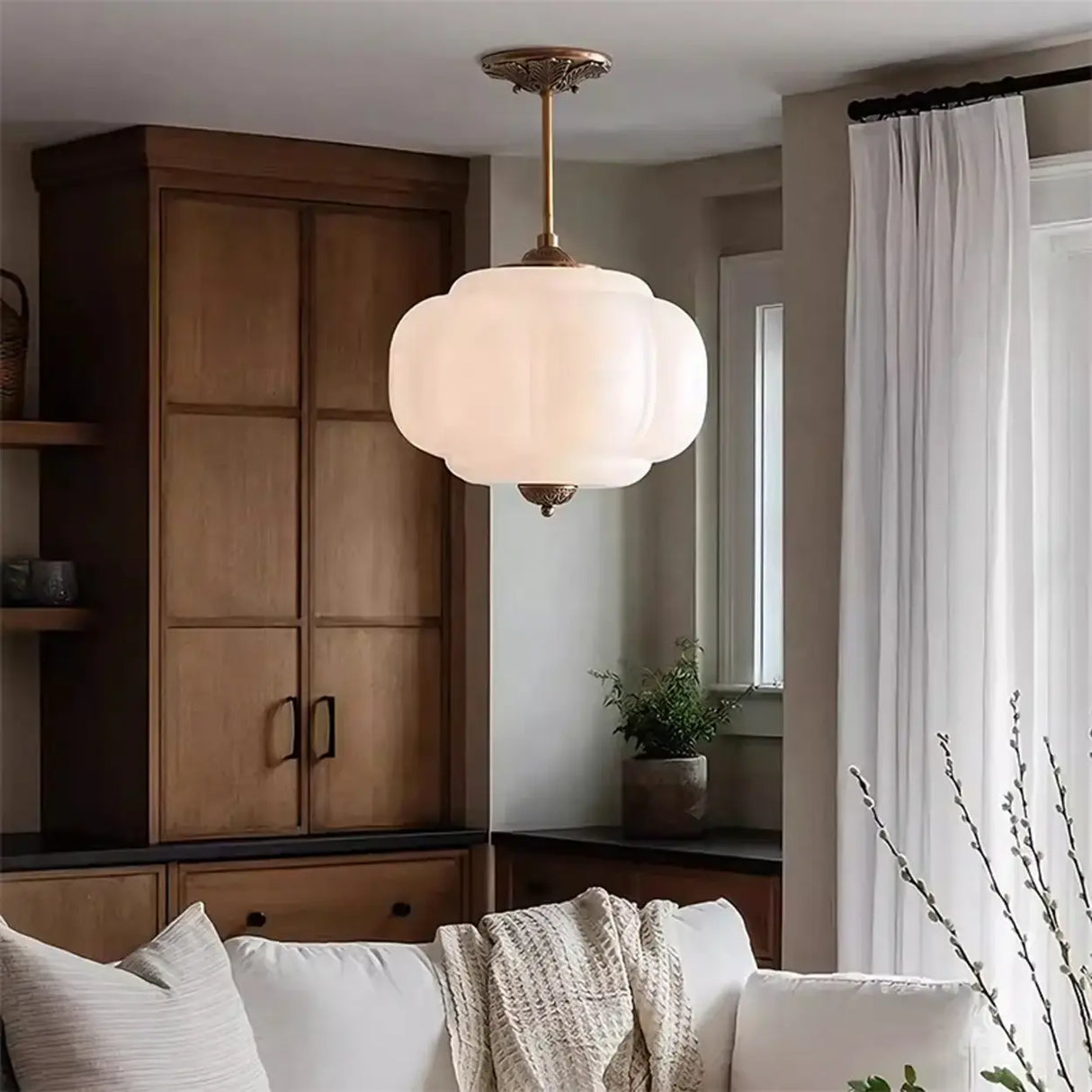 Mid-Century Modern Glass Pumpkim Round Pendant Light Image - 3