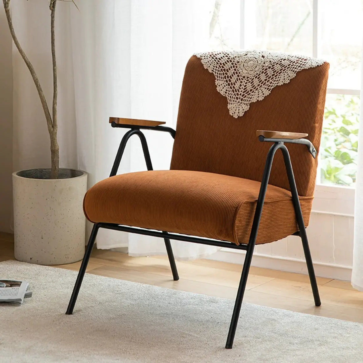 Mid-Century Modern Green Corduroy Accent Chair with Armrest Image - 11