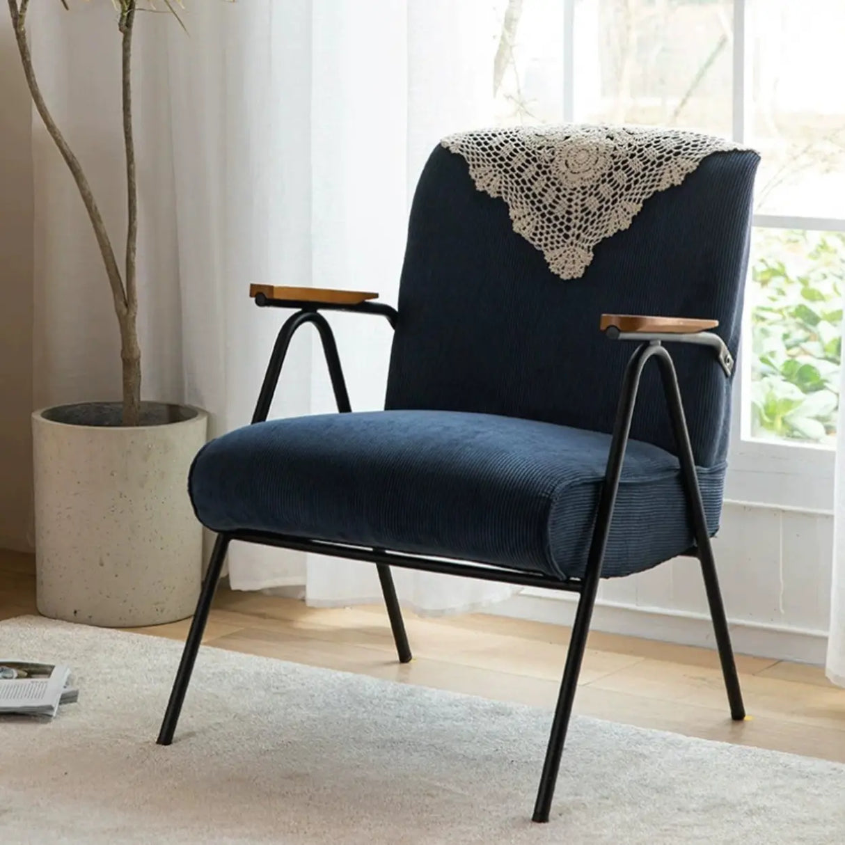 Mid-Century Modern Green Corduroy Accent Chair with Armrest Image - 12
