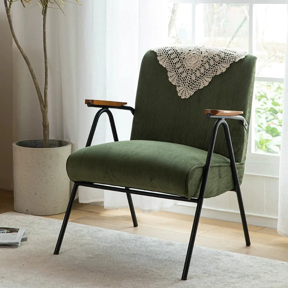 Mid-Century Modern Green Corduroy Accent Chair with Armrest Image - 13