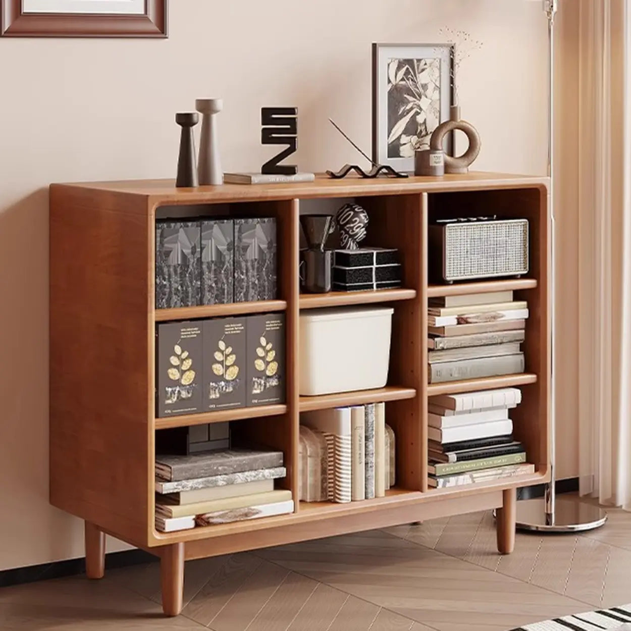 Mid-Century Modern Horizontal Vertical Wood Bookshelf Image - 1