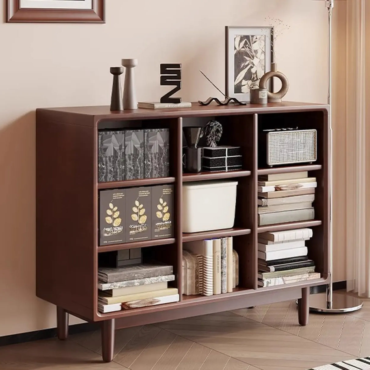 Mid-Century Modern Horizontal Vertical Wood Bookshelf Image - 3