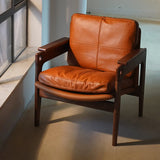 Mid-Century Modern Leather Wood Four Legs Arm Chair Image - 1