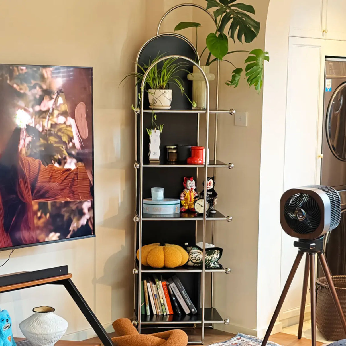 Mid-Century Modern Narrow Corner Stainless Steel Bookshelf Image - 3