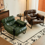 Mid-Century Modern Oil Wax Leather Cushion Back Accent Chair Image - 1