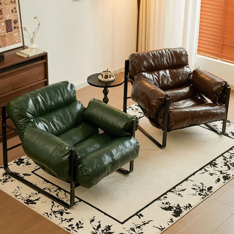 Mid-Century Modern Oil Wax Leather Cushion Back Accent Chair Image - 1