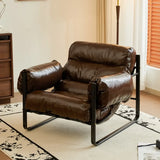 Mid-Century Modern Oil Wax Leather Cushion Back Accent Chair Image - 2