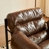 Mid-Century Modern Oil Wax Leather Cushion Back Accent Chair Image - 3