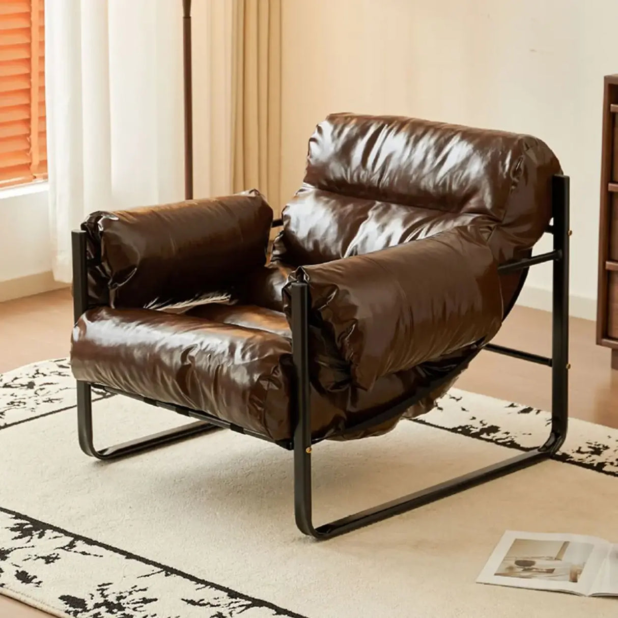 Mid-Century Modern Oil Wax Leather Cushion Back Accent Chair Image - 5