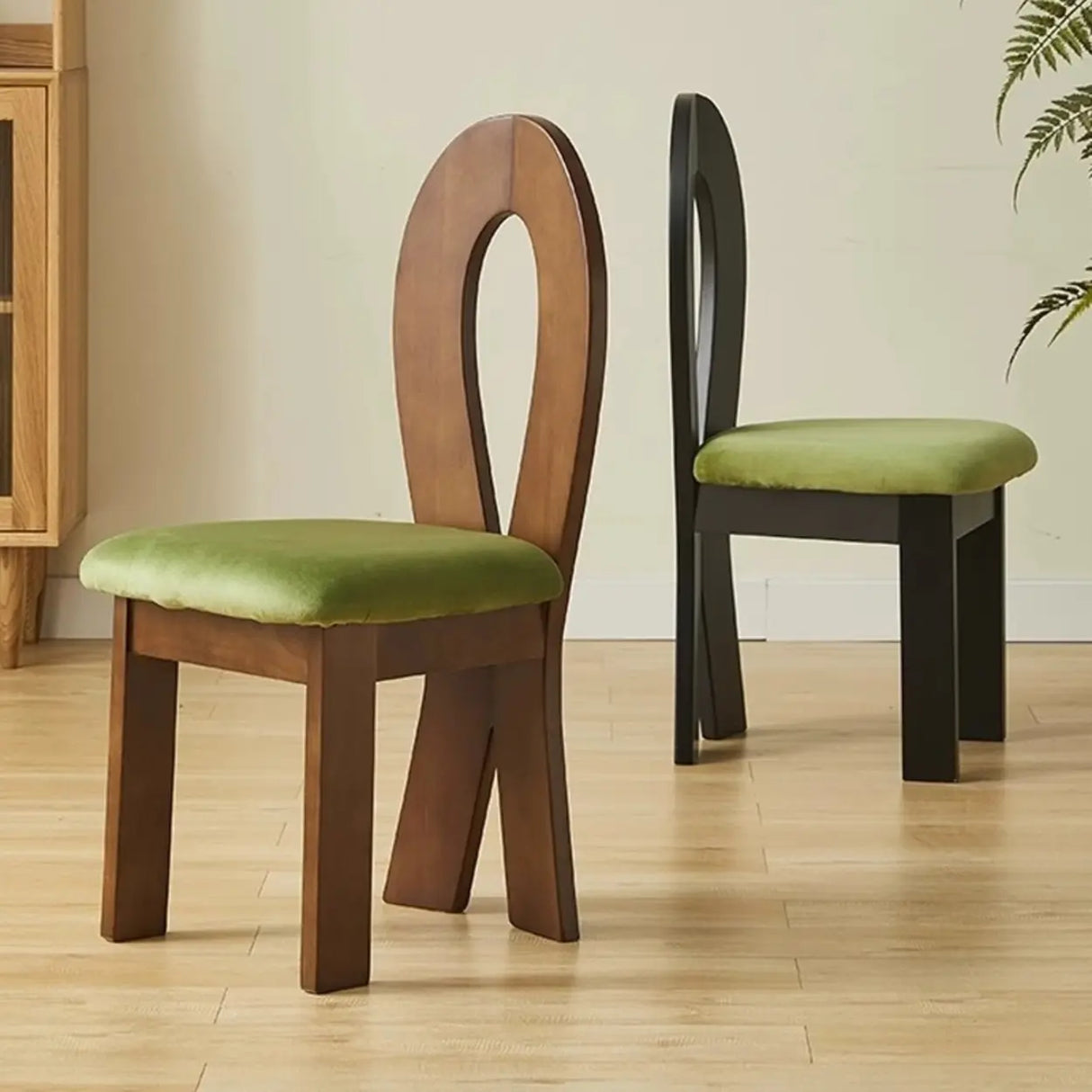 Mid-Century Modern Open Curved-Back Green Cushion Dining Chair Image - 4