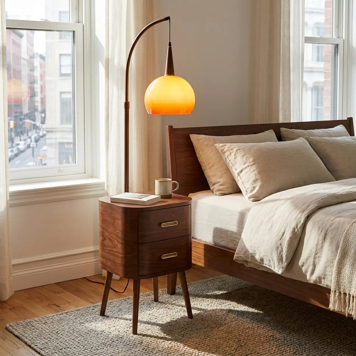 Mid-Century Modern Orange Floor Lamp with Table Drawers Image - 1