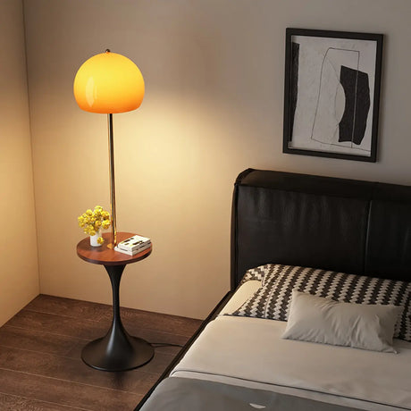 Mid-Century Modern Orange Glass Globe Floor Lamp with Shelf Image - 1