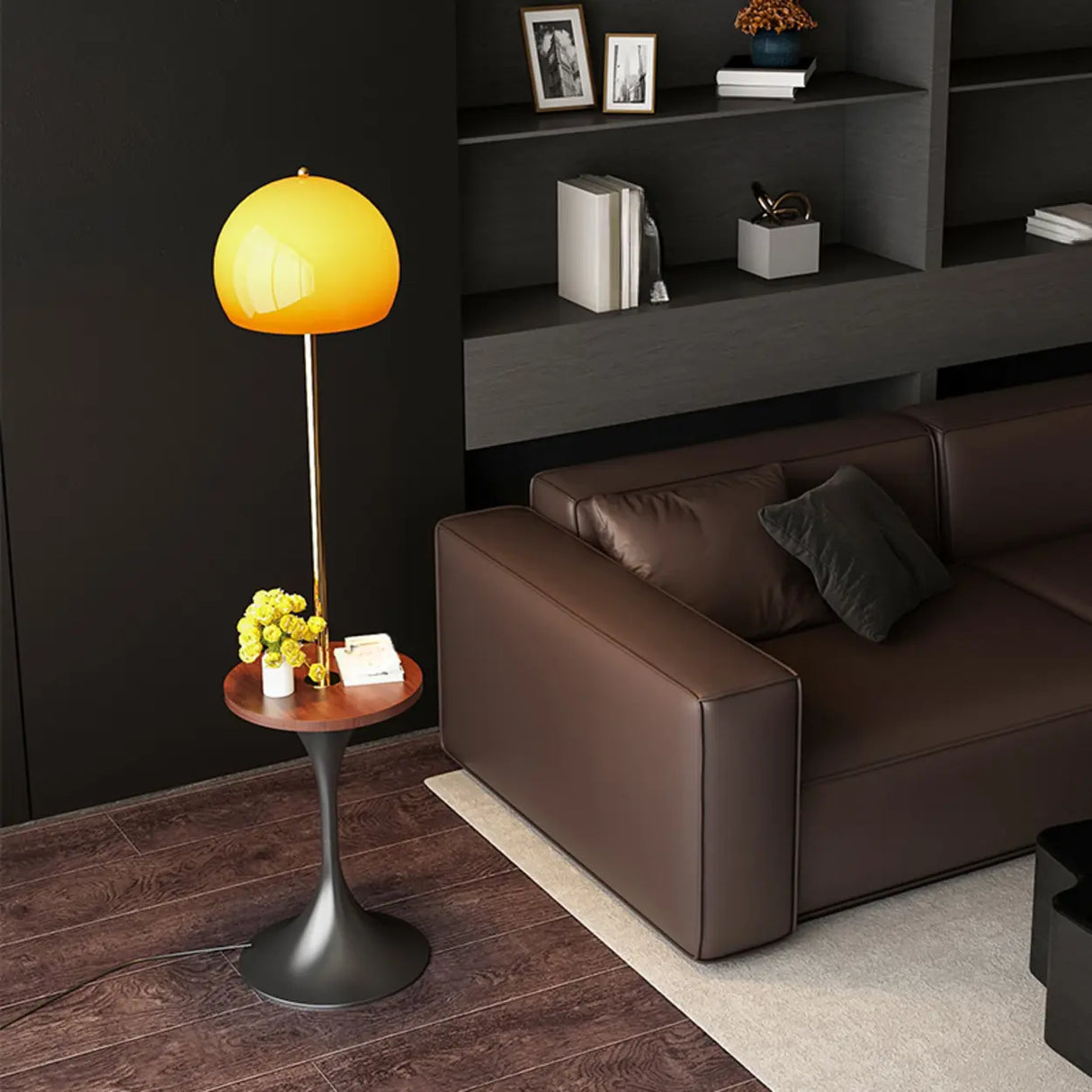 Mid-Century Modern Orange Glass Globe Floor Lamp with Shelf Image - 3