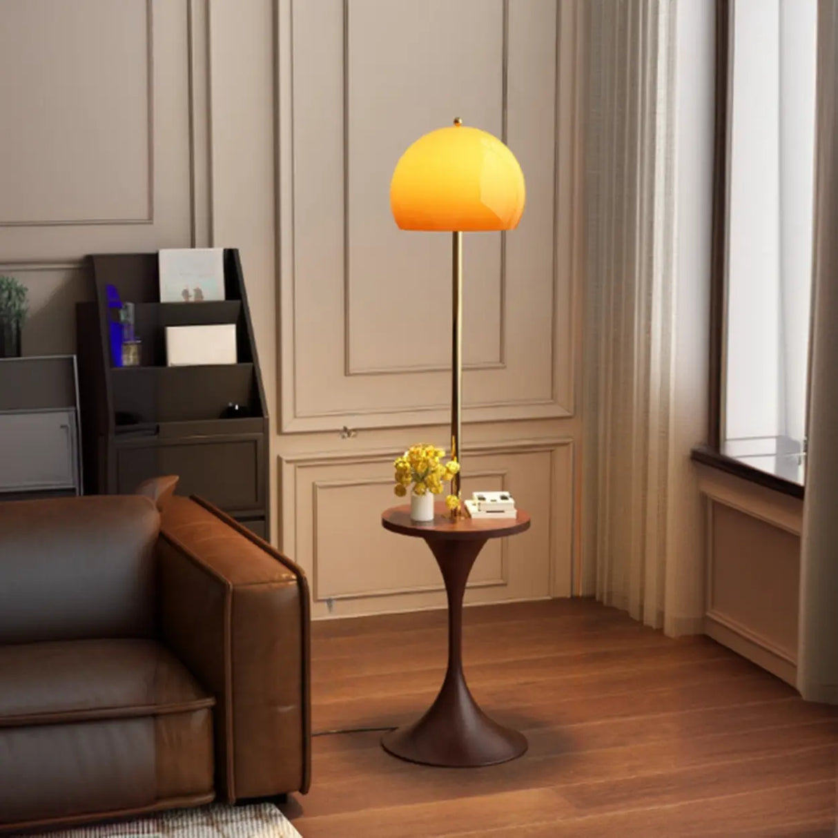 Mid-Century Modern Orange Glass Globe Floor Lamp with Shelf Image - 4