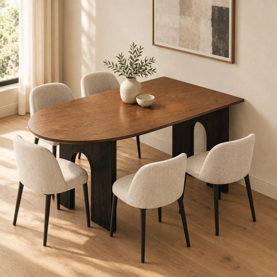 Mid-century modern brown wood dining table styled for fall dining and holiday entertaining