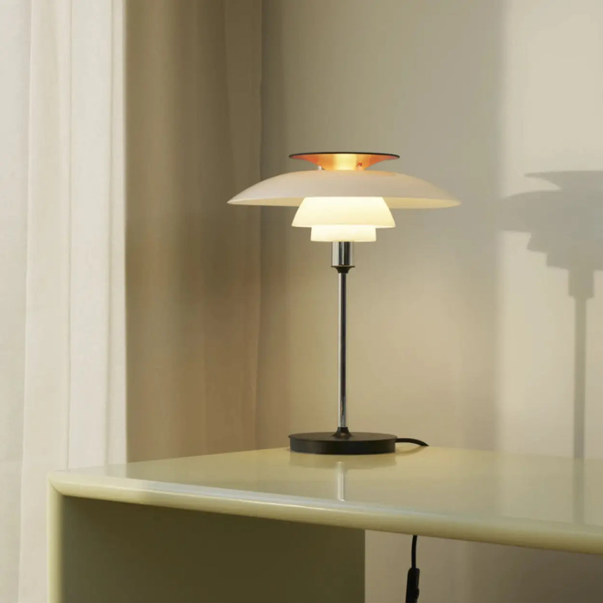 Mid-Century Modern Press-Button Glass Tiered LED Table Lamp Image - 6