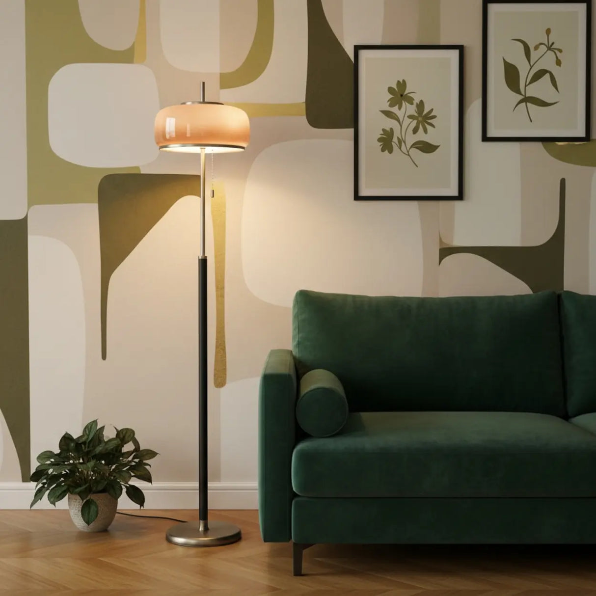 Mid-Century Modern Pull Chain Glass Bowl Round Floor Lamp Image - 1