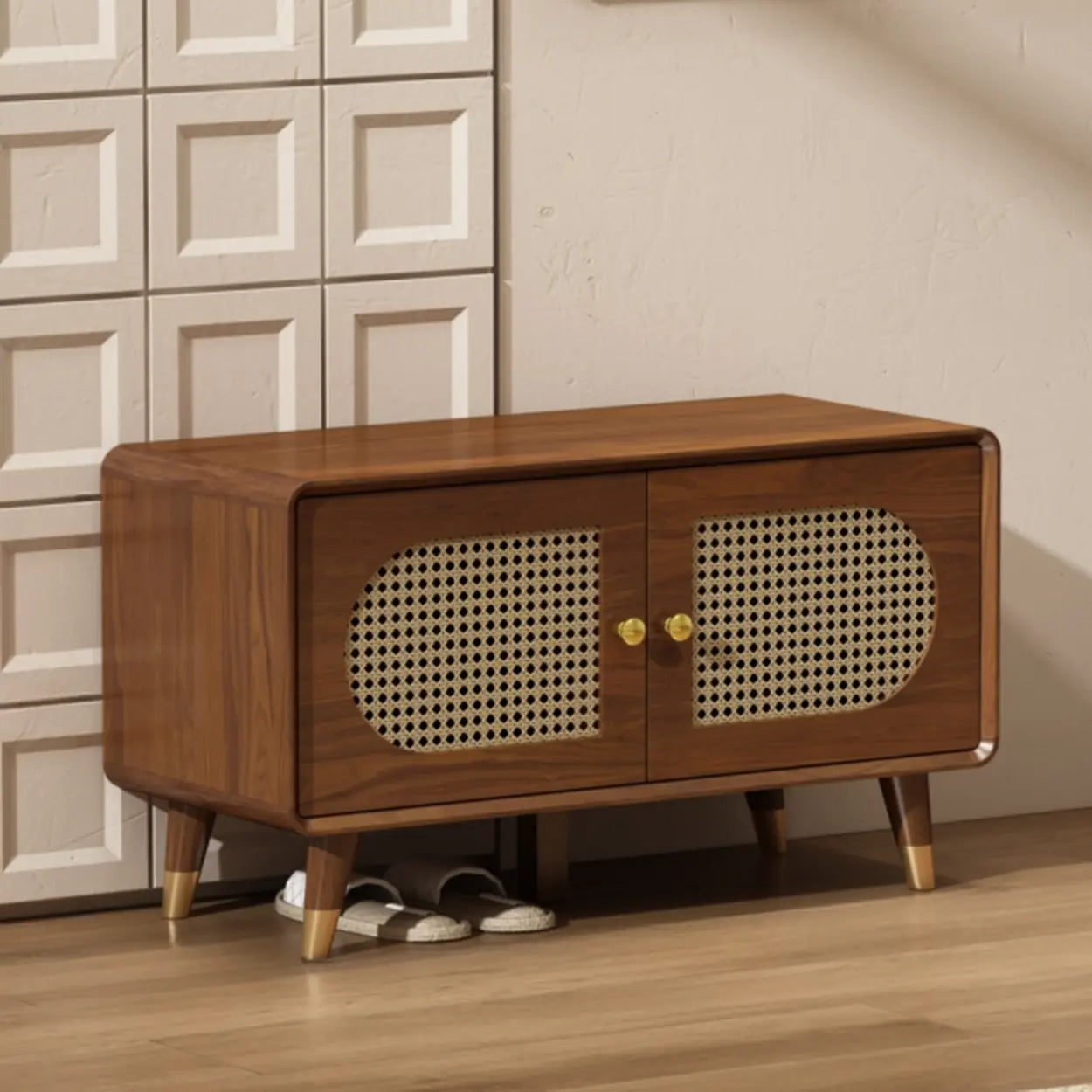 Mid-Century Modern Rattan and Wood Storage Cabinet Image - 3