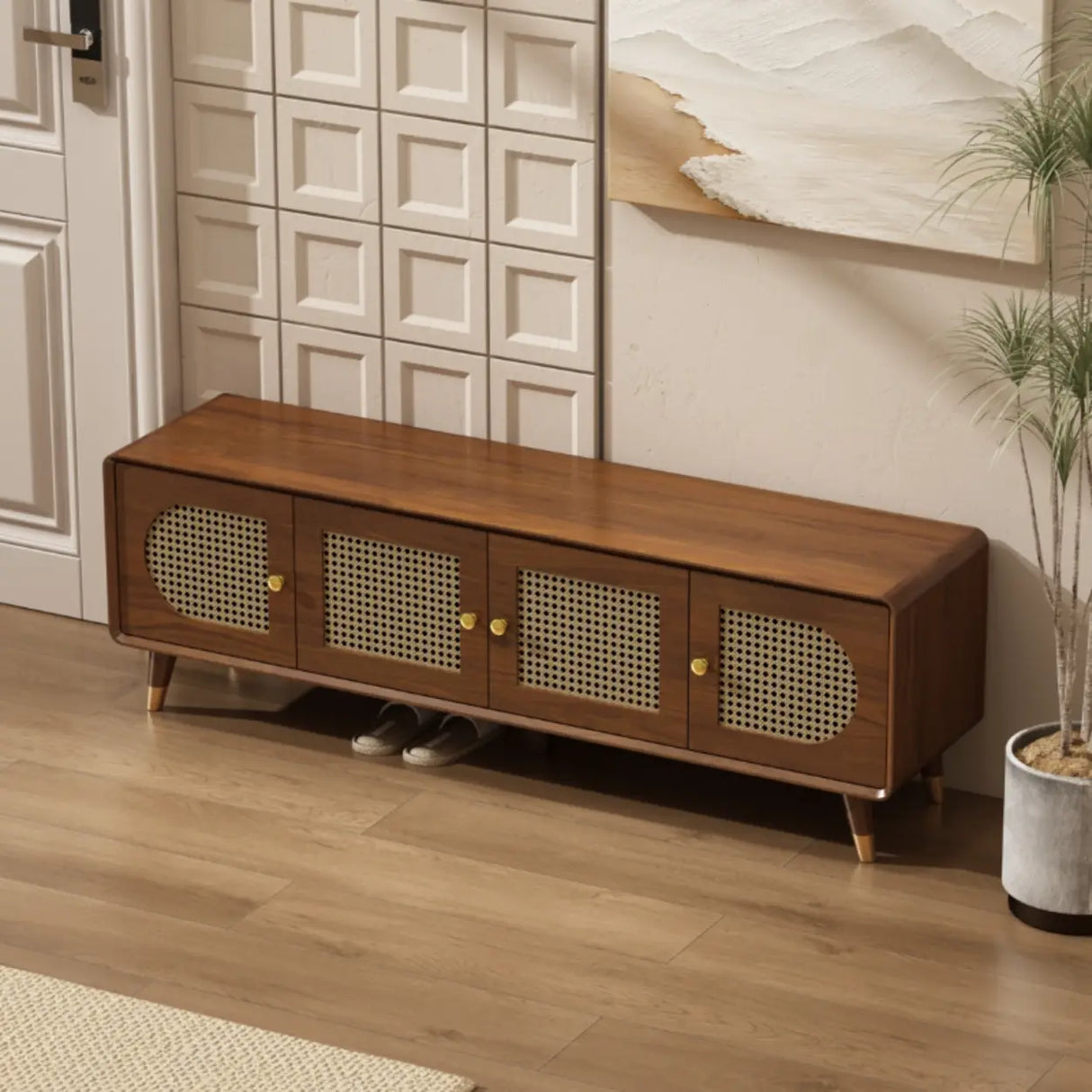 Mid-Century Modern Rattan and Wood Storage Cabinet Image - 4