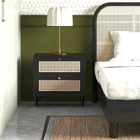 Mid-Century Modern Rattan Black Nightstand with 2 Drawers Image - 1