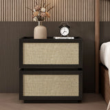 Mid-Century Modern Rattan Black Wood Nightstand with Drawers Image - 1