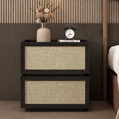 Mid-Century Modern Rattan Black Wood Nightstand with Drawers Image - 1