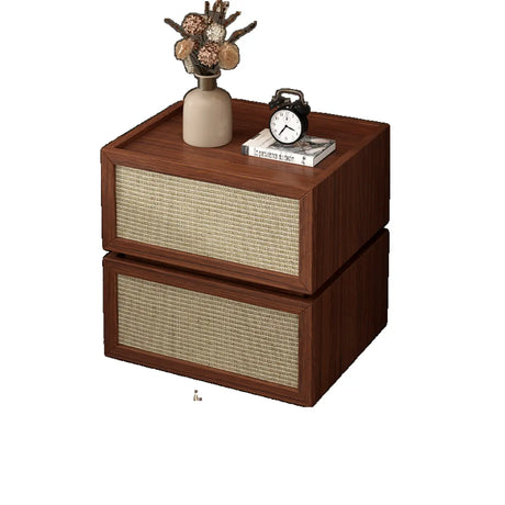 Mid-Century Modern Rattan Black Wood Nightstand with Drawers Image - 2