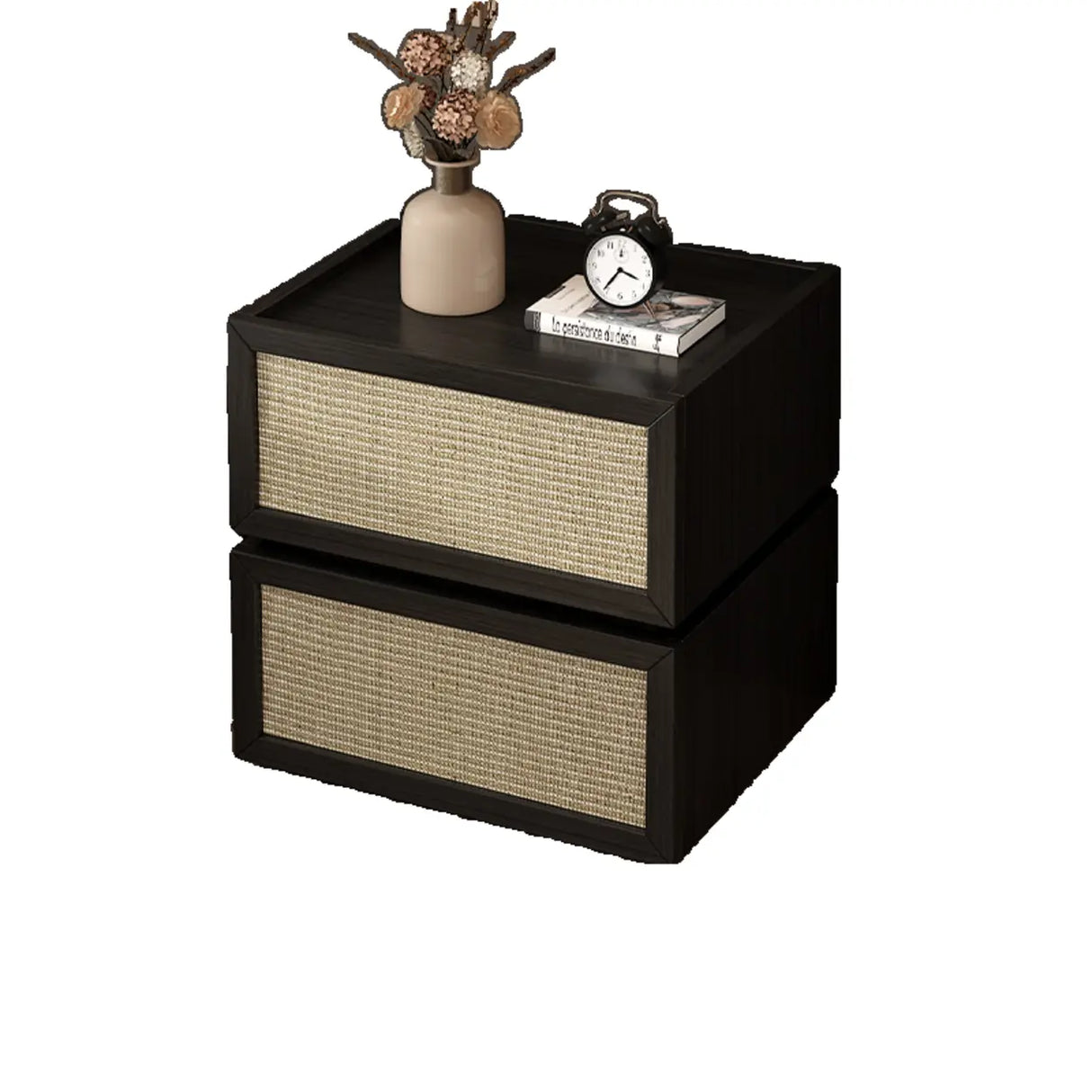 Mid-Century Modern Rattan Black Wood Nightstand with Drawers Image - 3