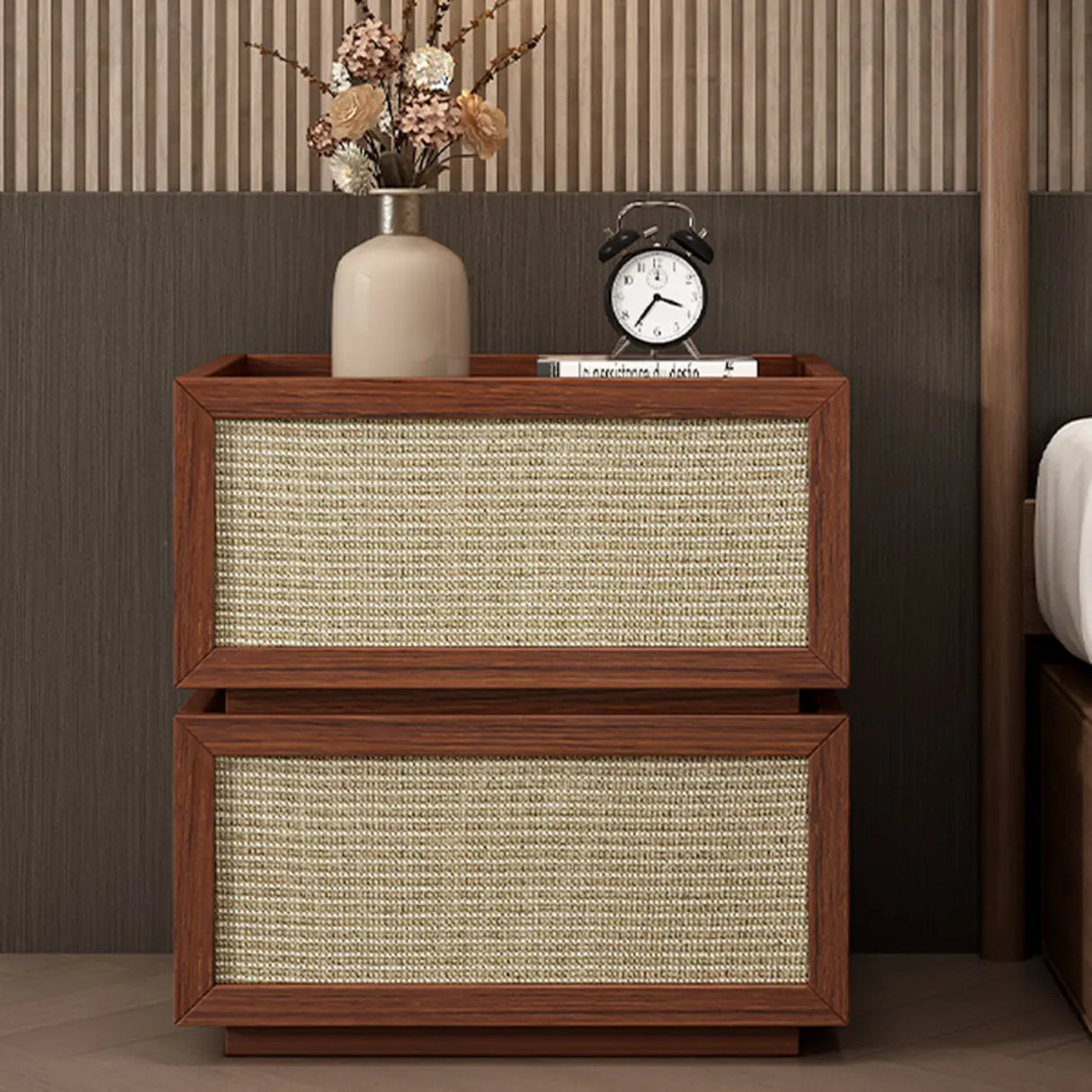 Mid-Century Modern Rattan Black Wood Nightstand with Drawers Image - 4