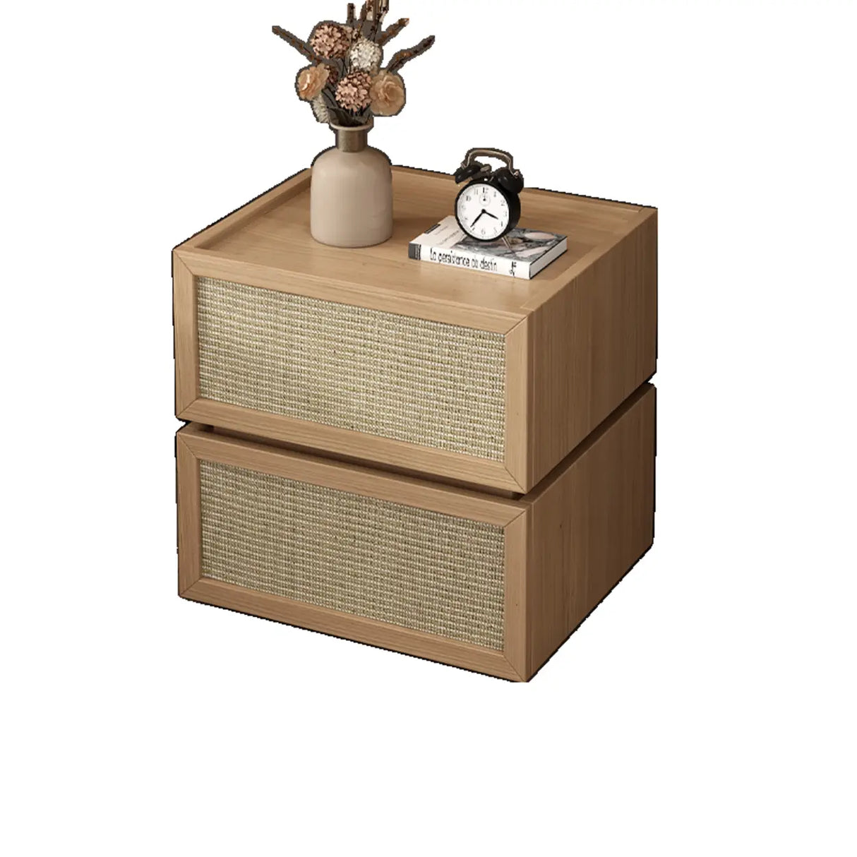 Mid-Century Modern Rattan Black Wood Nightstand with Drawers Image - 5
