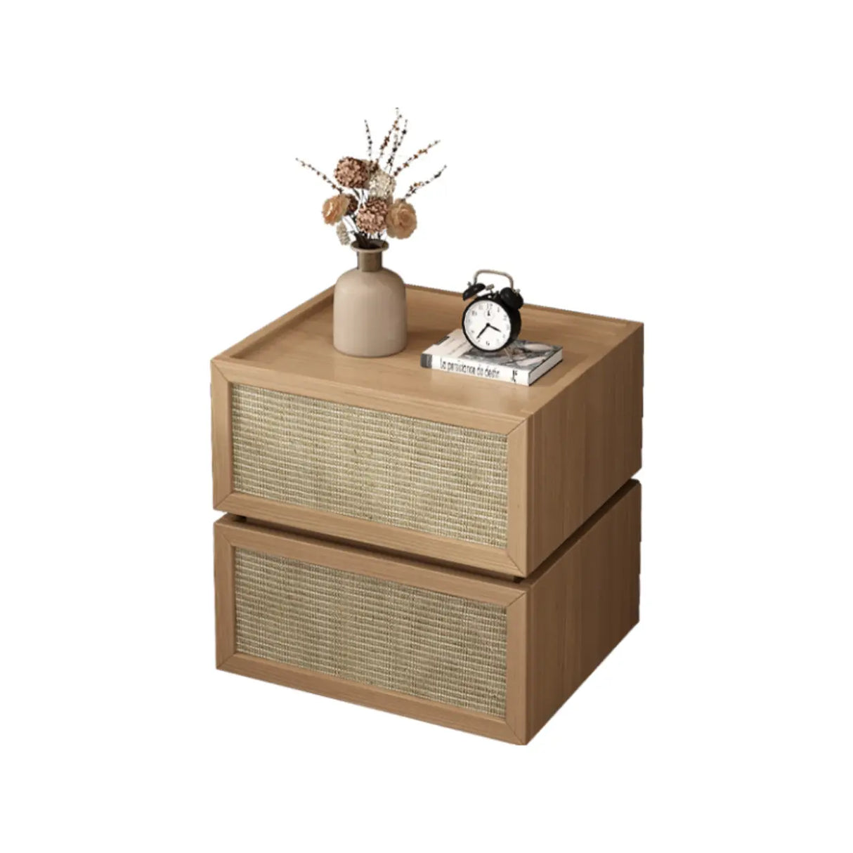 Mid-Century Modern Rattan Black Wood Nightstand with Drawers Image - 6