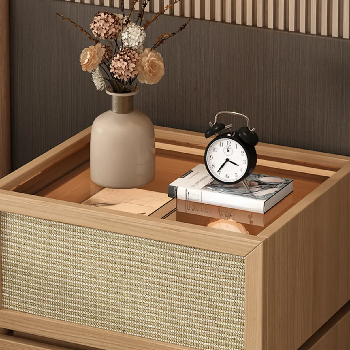 Mid-Century Modern Rattan Black Wood Nightstand with Drawers Image - 7