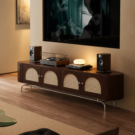 Mid-Century Modern Rattan TV Stand with Ample Storage Image - 1