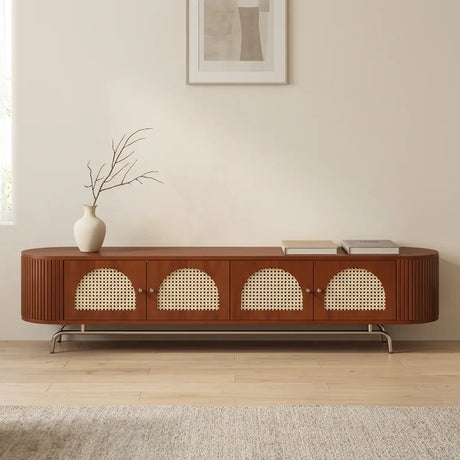 Mid-Century Modern Rattan TV Stand with Ample Storage Image - 2