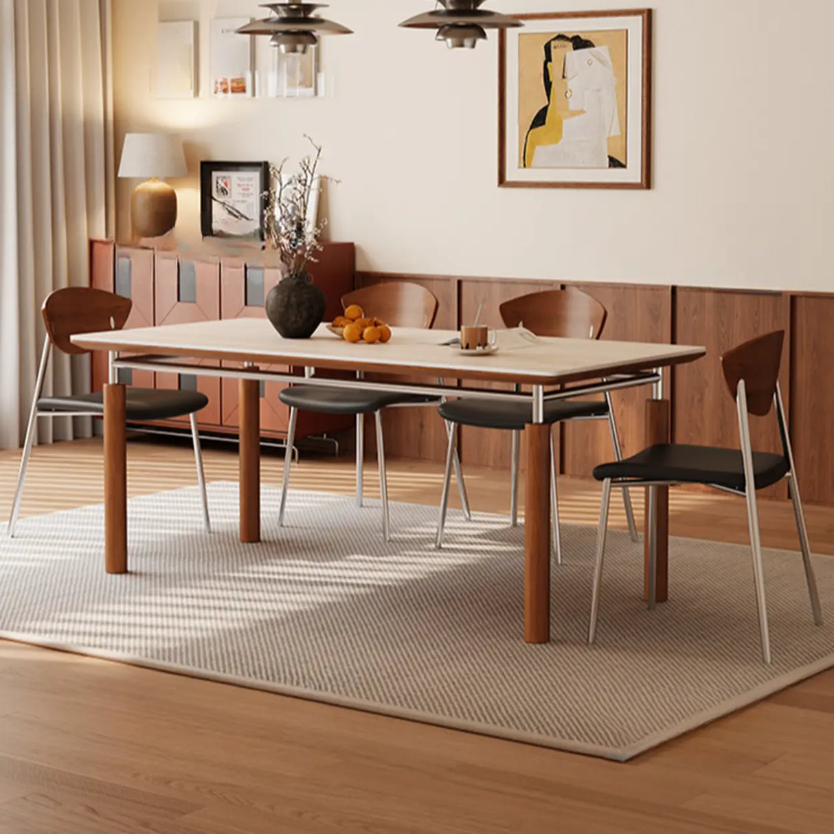 Mid-Century Modern Rectangular Beige Stone Dining Table Image - 1