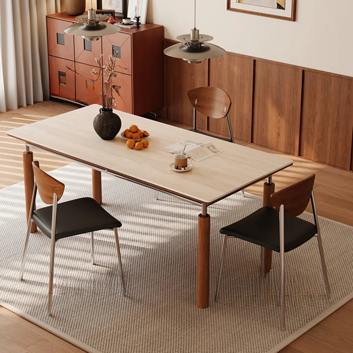 Mid-Century Modern Rectangular Beige Stone Dining Table Image - 4