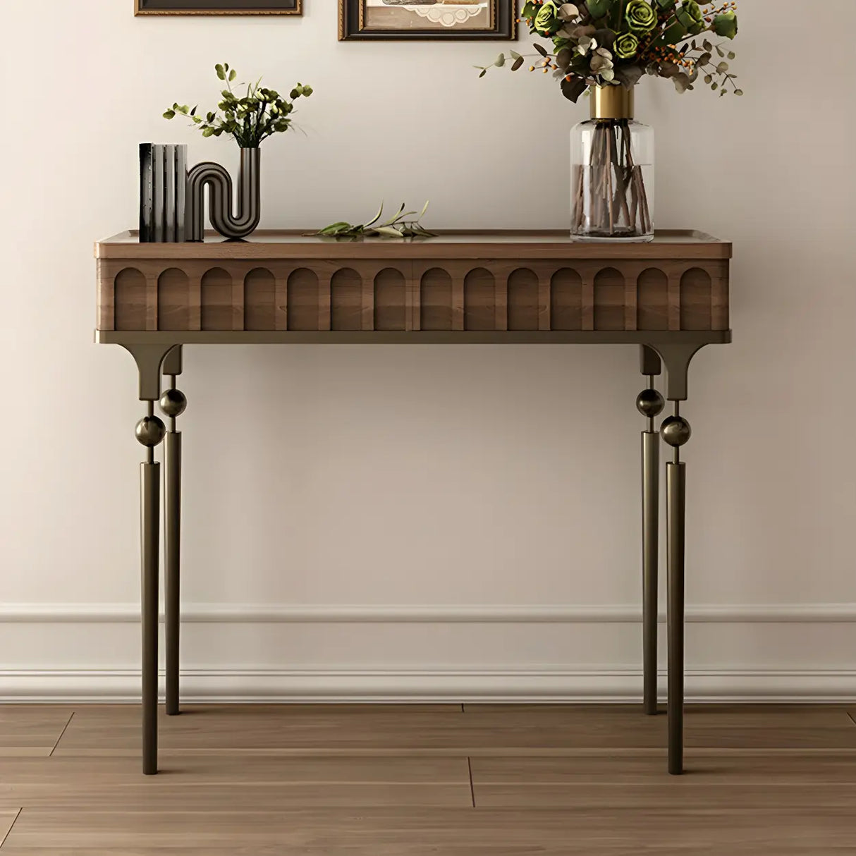 Mid-Century Modern Rectangular Metal Leg Wood Console Table Image - 4
