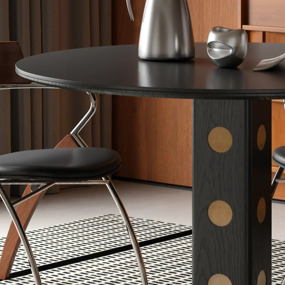 Mid-Century Modern Round Black Wood Pedestal Dining Table Image - 5