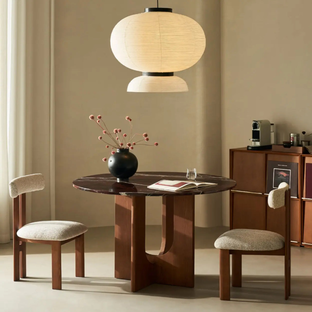 Mid-Century Modern Round Brown Wood Pedestal Dining Table Image - 4